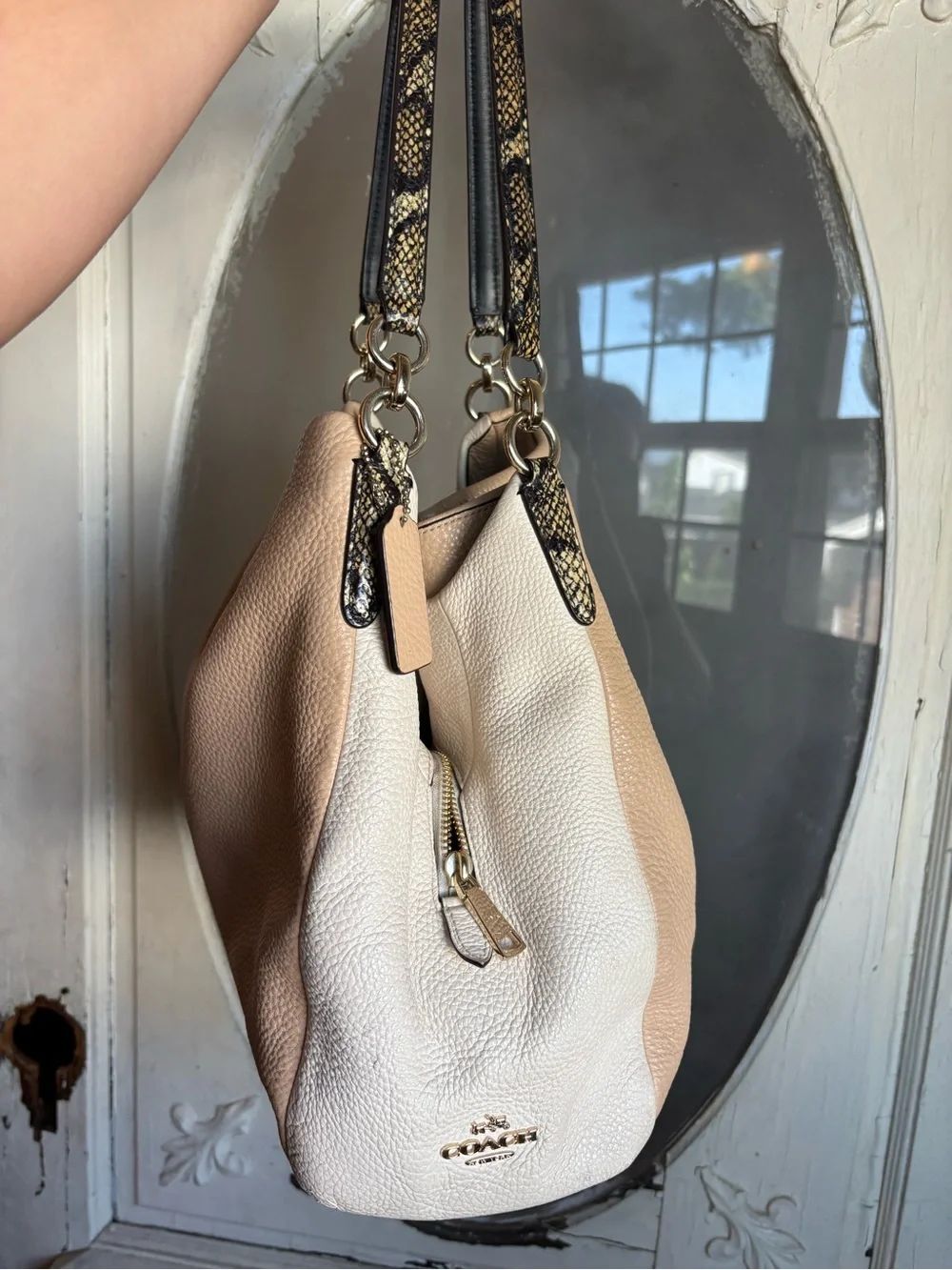 Coach Edie 31 Colorblock Pebbled Leather Shoulder Bag | Stone & Taupe Snakeskin